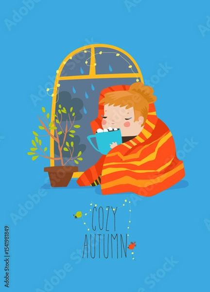 Fototapeta Girl drinking a cup of tea or coffee by window with rain