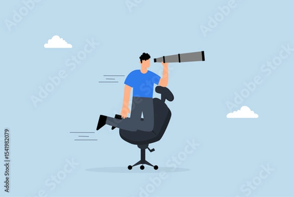 Fototapeta businessman with telescope rides on a desk to see the future and the way forward.
