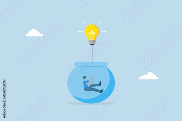 Fototapeta businessman climbs string from light bulb with an idea to escape from prison fish bowl.