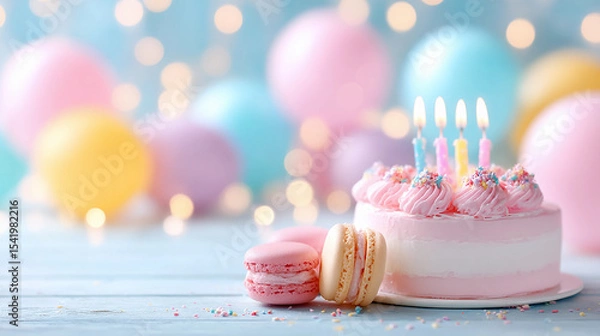 Fototapeta banner birthday card with empty space for text with balloons and cake