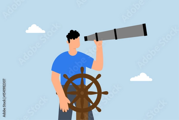 Fototapeta businessman boat captain directs the rudder with telescopic sight.