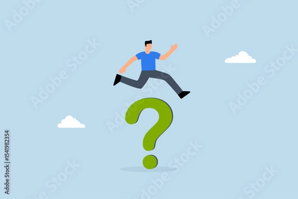 Fototapeta Solution to solve business problem, entrepreneur leaps over large question mark symbol.