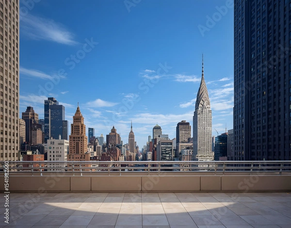 Fototapeta Beautiful, empty rooftop with a view of the New York City skyline on a sunny day, with a white stone floor.	
