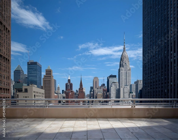Fototapeta Beautiful, empty rooftop with a view of the New York City skyline on a sunny day, with a white stone floor.	
