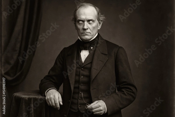 Fototapeta Creepy Halloween portrait of a vintage 19th-century man with blank white eyes, dressed in formal dark attire, exuding a sinister and unsettling aura. Ghostly or possessed figure.
