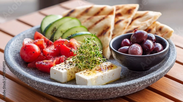Fototapeta greek breakfast with olives feta cheese and vegetables