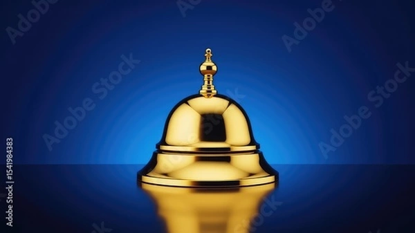 Obraz Golden service bell on a reflective surface against deep blue background, a symbol of assistance and elegance
