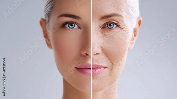 Fototapeta one face of human woman youth and old age .two parts of the face of life aging human comparison two halves.