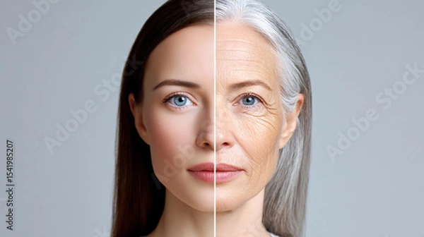 Fototapeta one face of human woman youth and old age .two parts of the face of life aging human comparison two halves.