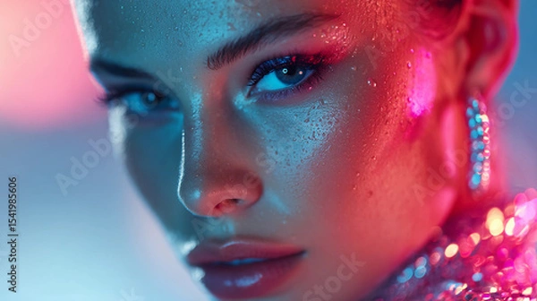 Fototapeta portrait of beautiful girl model in studio with glitter in neon color