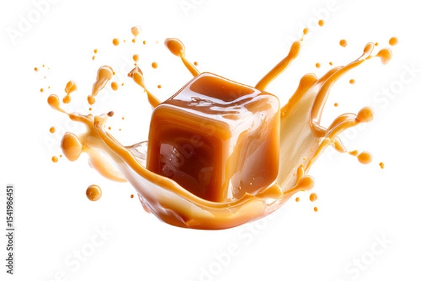 Obraz Liquid caramel splash with ice cube on transparent background