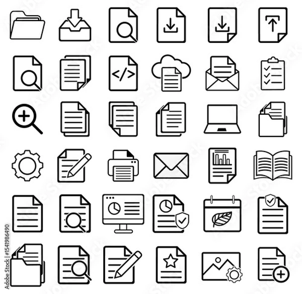 Fototapeta Collection of black line icons various office and productivity tools including folders downloads search documents settings and more. Set is grid format showcasing of digital workspace symbol.