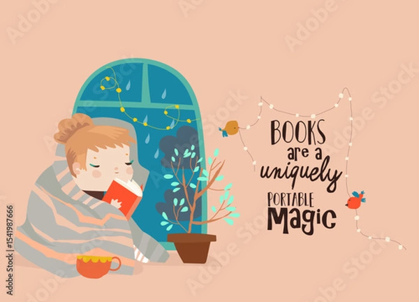 Fototapeta Girl reading book by window with rain