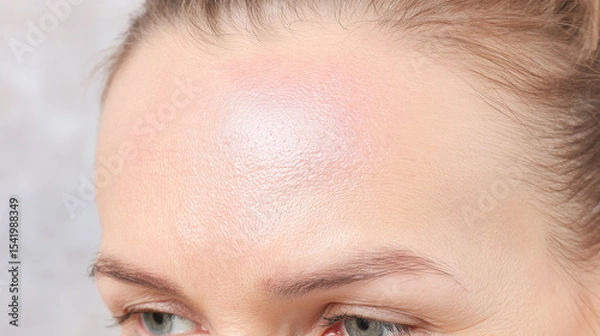 Fototapeta Oily forehead closeup showing shiny skin texture with visible pores and natural complexion on light skinned person in detailed macro shot
