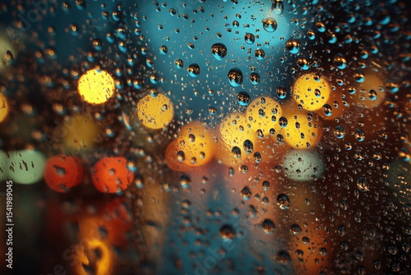Obraz A car window covered in raindrops, with the city lights visible through them