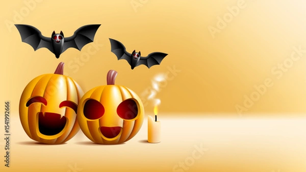 Obraz Halloween Background with Smiling jackolanterns, bats, and candle. Perfect for spooky holiday backgrounds, product designs, or social media posts.