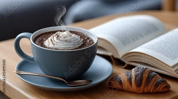 Obraz A simple, cozy scene with a steaming mug of hot chocolate, a croissant, and a book