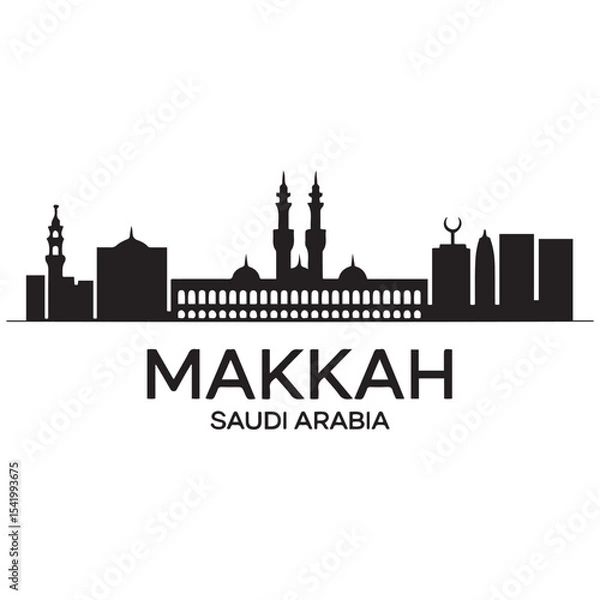 Obraz Makkah skyline horizontal banner. Makkah, Saudi Arabia. Vector template for your design. Vector black silhouette. with white background