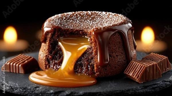 Obraz An indulgent chocolate lava cake with a flowing caramel or peanut butter center, drizzled with rich chocolate sauce