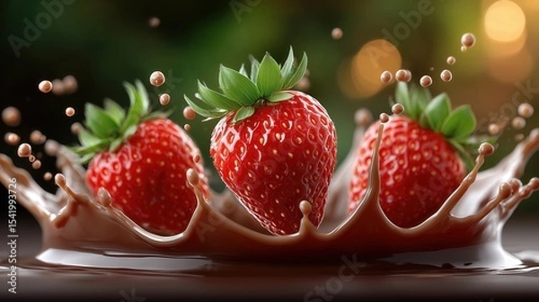 Obraz Three fresh strawberries splashing into a pool of melted chocolate with a beautiful bokeh background
