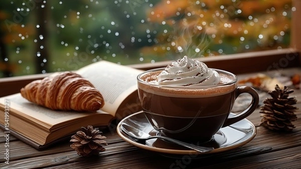 Obraz A cozy autumn scene with hot chocolate, whipped cream, croissant, and a book by a window