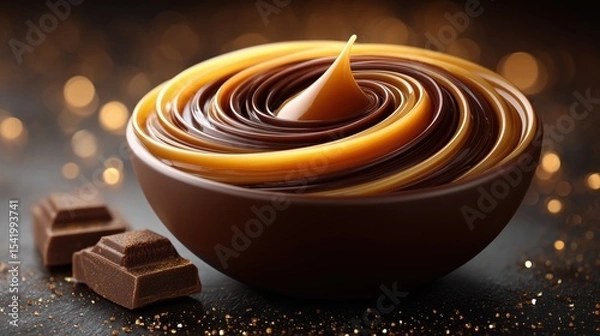 Obraz A decadent bowl of swirled dark chocolate and golden caramel with chocolate pieces on the side