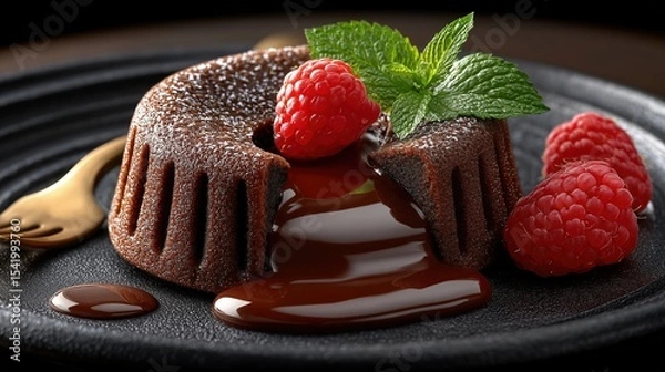 Obraz A decadent chocolate lava cake with a molten center, garnished with a fresh raspberry and mint on a slate plate