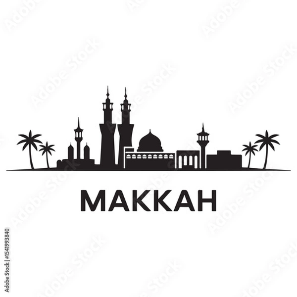 Obraz Makkah skyline horizontal banner. Makkah, Saudi Arabia. Vector template for your design. Vector black silhouette. with white background