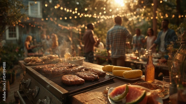 Fototapeta a table with a grill and plates of food on it and a cooler in the background with lights strung above
