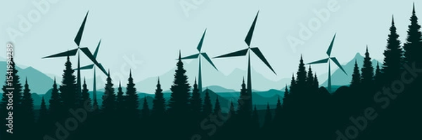 Fototapeta wind turbines in a pine forested mountain landscape renewable energy concept vector illustration good for wallpaper design, design template, background template, and tourism design template	