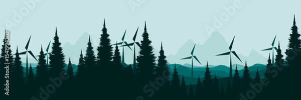 Fototapeta wind turbines in a pine forested mountain landscape renewable energy concept vector illustration good for wallpaper design, design template, background template, and tourism design template	