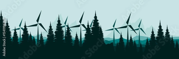 Fototapeta wind turbines in a pine forested mountain landscape renewable energy concept vector illustration good for wallpaper design, design template, background template, and tourism design template	