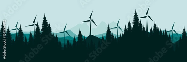 Fototapeta wind turbines in a pine forested mountain landscape renewable energy concept vector illustration good for wallpaper design, design template, background template, and tourism design template	