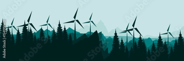 Fototapeta wind turbines in a pine forested mountain landscape renewable energy concept vector illustration good for wallpaper design, design template, background template, and tourism design template	