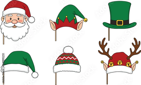 Fototapeta Christmas and Holiday Photo Booth Props Set, Featuring Santa, Elf, Reindeer, and Festive Hats for Seasonal Celebrations and Parties.