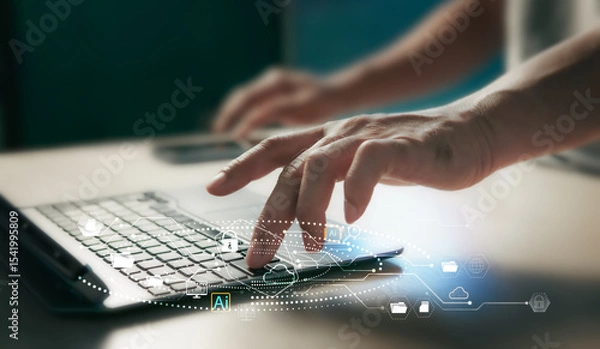Fototapeta Close-up photo. Digital technology data network analysis concept. Experts use laptops to connect to cloud servers and AI technology to store big data with a secure internet connection.