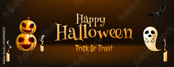 Obraz Halloween Background featuring pumpkins, bats, ghost, and candles; ideal for seasonal promotions, social media posts, and festive design projects.