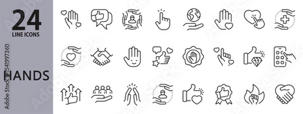 Obraz Hands line icons set with Friendship, Support, Prayer, Respect, Helping, Trust and more. Editable Stroke