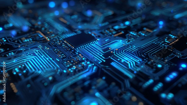 Fototapeta Blue circuit board cyber computer motherboard digital geometric on black design modern futuristic technology creative background vector illustration.
