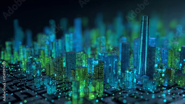 Fototapeta Digital technology city metaverse neon blue green background, abstract cyber communication, innovation future cyberpunk metropolis tech, internet network connection, Ai big data, town illustration 3d