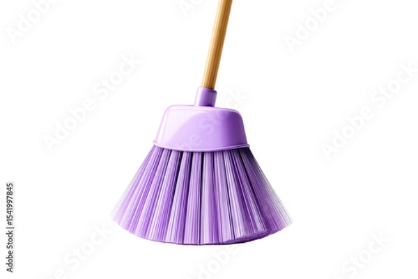 Obraz Purple broom for cleaning with wooden handle on transparent background