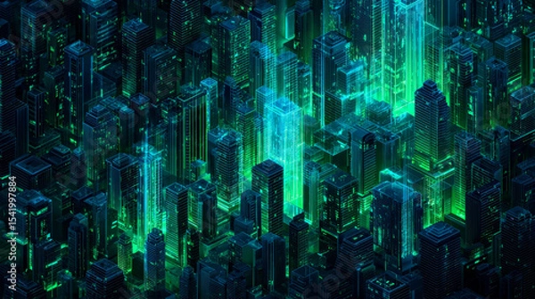 Fototapeta Digital technology city metaverse neon blue green background, abstract cyber communication, innovation future cyberpunk metropolis tech, internet network connection, Ai big data, town illustration 3d
