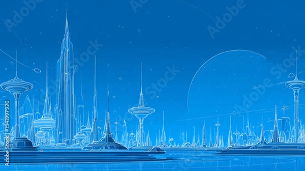 Fototapeta Smart city on blue background. Smart city low poly wireframe on blue background. Technology concept. Vector illustration.