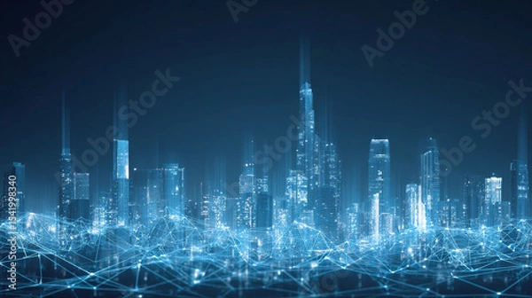 Fototapeta Wireframe landscape with Smart city. Technology background blue in low poly style. Data security 3d vector background. Global social network connection.
