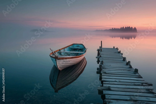 Fototapeta a boat is docked at a pier in the water at sunset or dawn with fog in the air and a few trees in the distance
