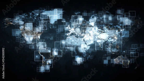 Fototapeta Futuristic Planet Earth. World map of glowing square dots. Modern abstract background. Space composition. Web banner. Global network connection. Vector illustration. EPS 10.