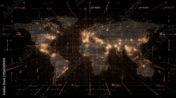 Fototapeta Futuristic Planet Earth. World map of glowing square dots. Modern abstract background. Space composition. Web banner. Global network connection. Vector illustration. EPS 10.