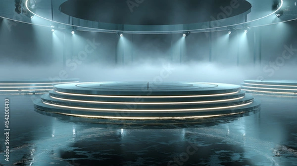 Fototapeta Circle abstract digital technology UI futuristic HUD Virtual Interface. Stage futuristic  podium in fog. Empty futuristic pedestal for award ceremony, platform illuminated by spotlights, stage. Vector