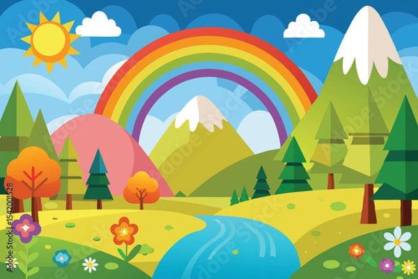 Obraz summer landscape with rainbow vector illustration