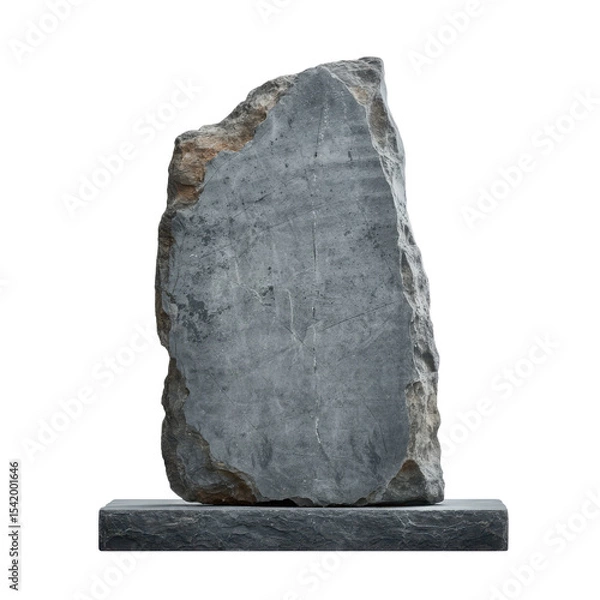 Fototapeta Rough gray stone slab standing upright on rectangular base with natural uneven surface and weathered texture, isolated transparent background